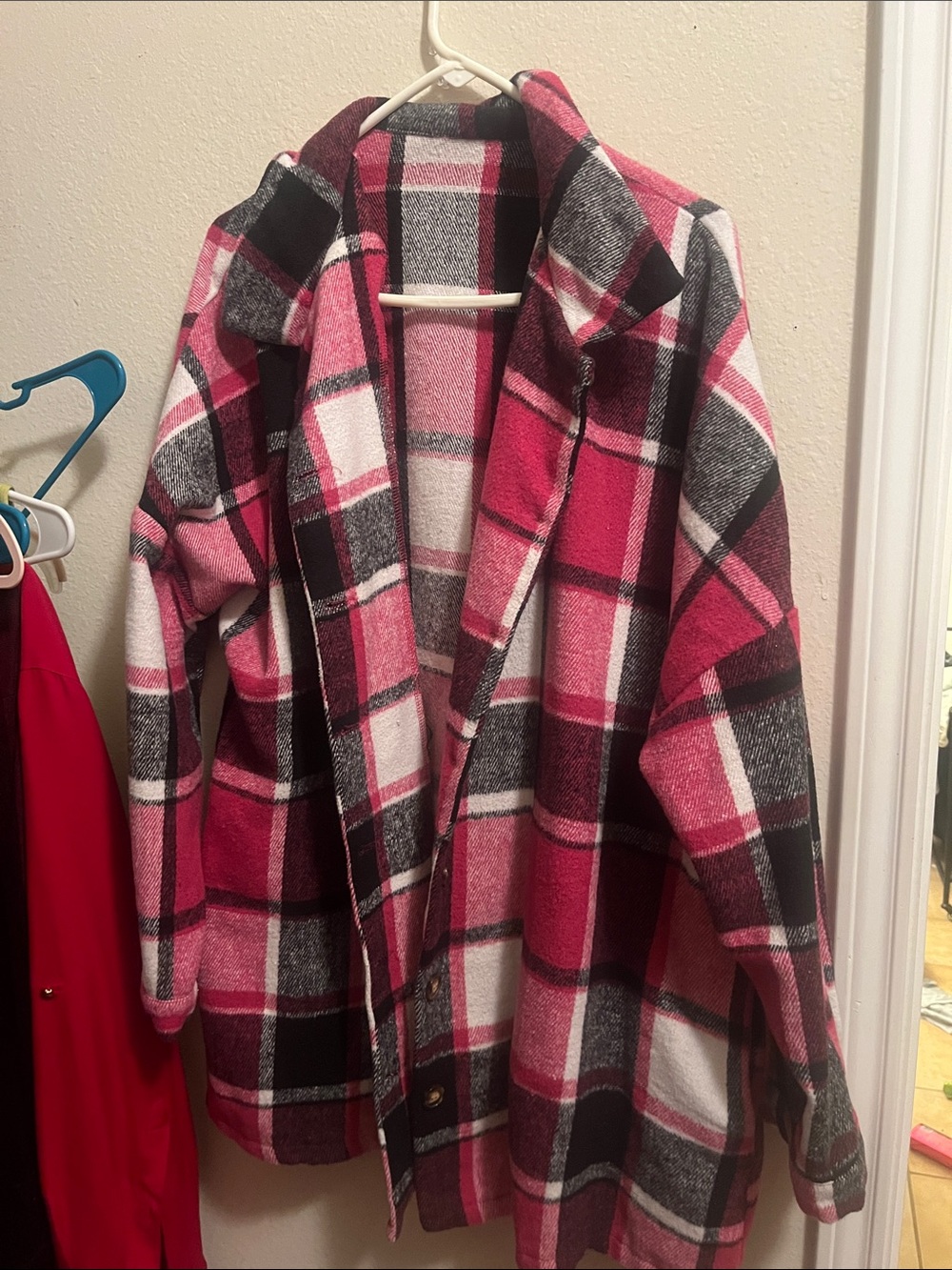 Women’s Pink Plaid Open-Front Coatigan